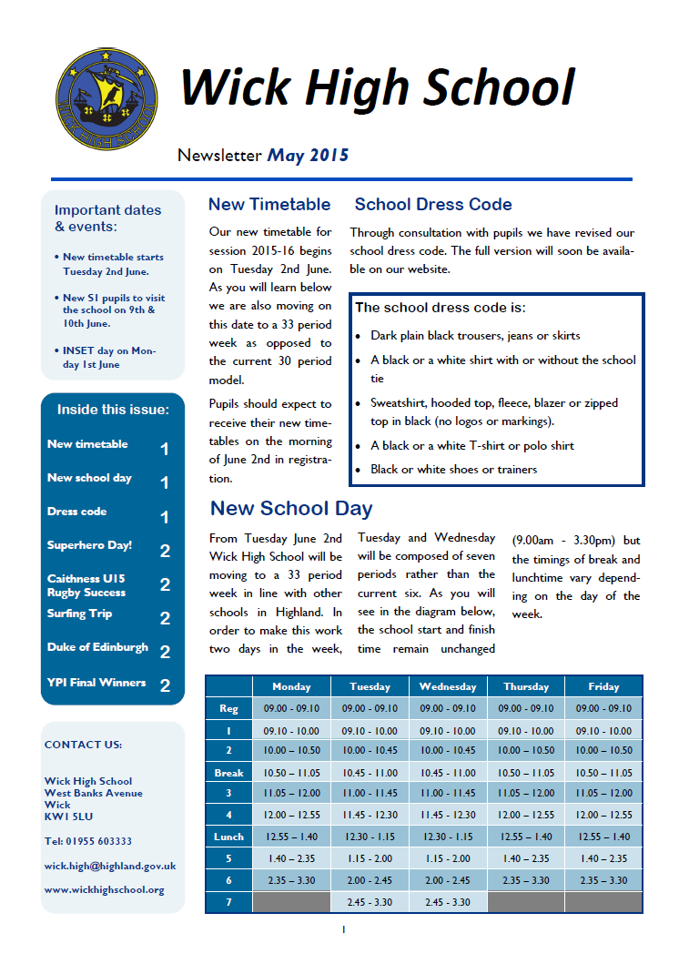 Wick High School Newsletter – May 2015